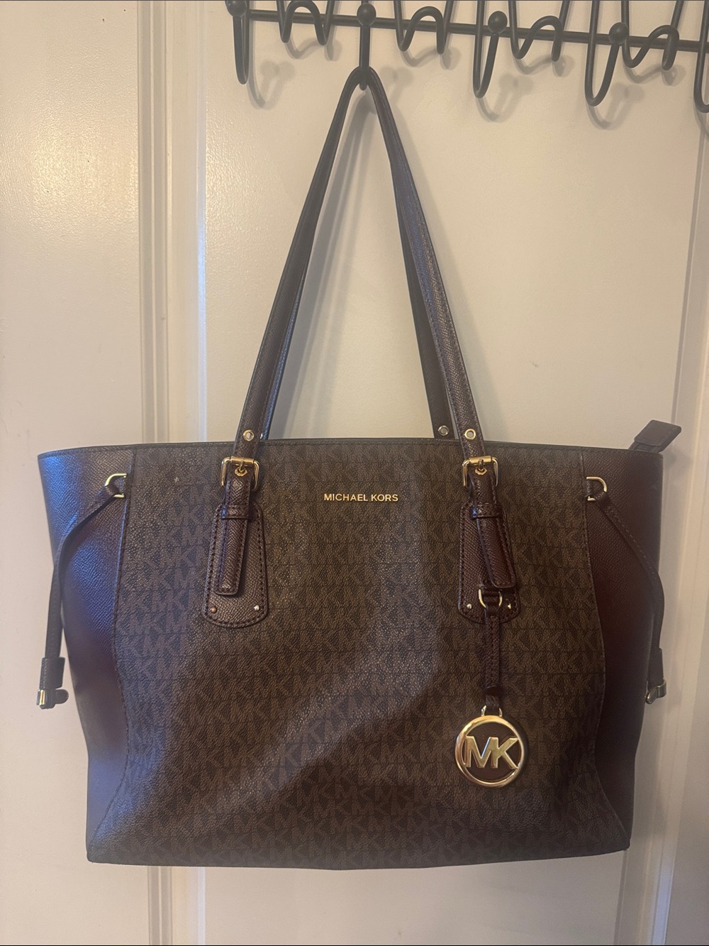 Michael Kors Brown MK Logo Tote with Gold Charm